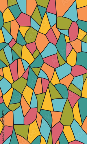 Abstract stained glass pattern. Colorful geometric mosaic background with black outlines.