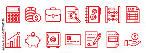 Red line art icons for finance and accounting including a calculator, piggy bank, contract, invoice, and tax form symbols for business and banking applications