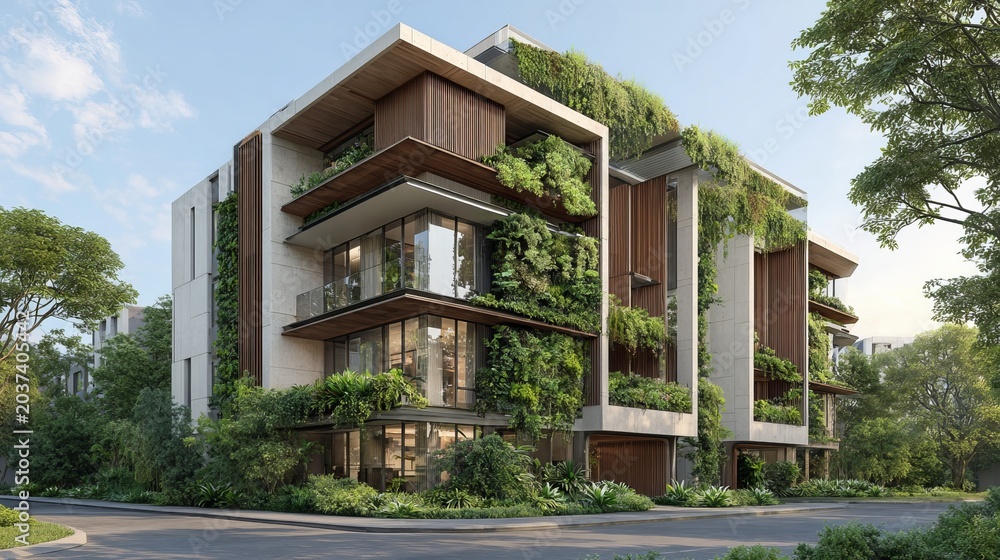 Fototapeta premium A modern multi-story building with lush greenery and balconies in a serene natural setting