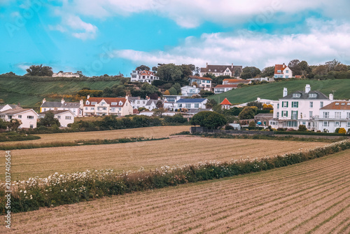 landscape of Gorey Village and Harbour , St. Martin , typical Jersey countryside, UK