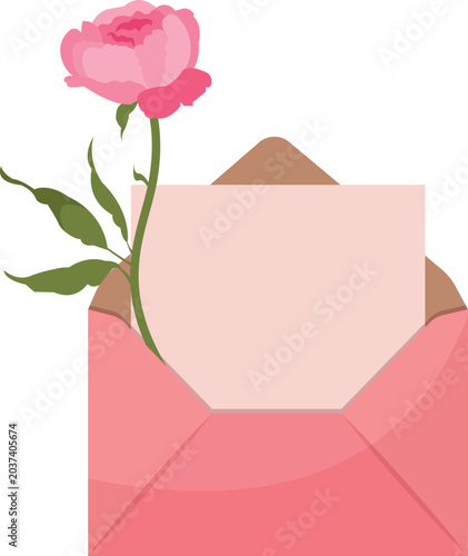 Φωτογραφία Romantic envelope with pink peony and blank letter in soft flat vector style