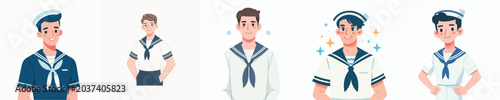 фотографія The image shows a series of cartoon-style characters wearing sailor uniforms in different poses and expressions