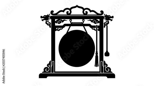 Gong Instrument with Ornate Metal Frame.