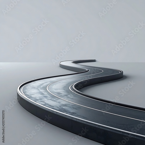 Winding road with white lines on gray background.