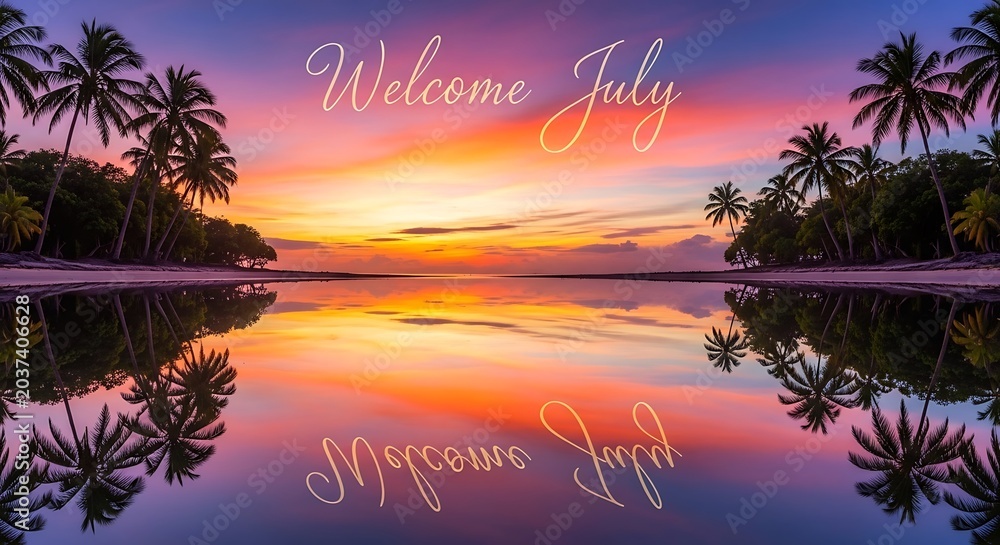 Obraz premium Tropical sunset over calm water with palm silhouettes.