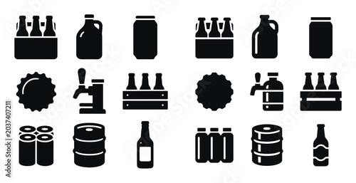 Beverage icons with bottle can crate solid