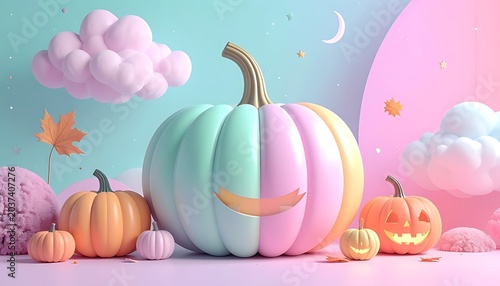 Pastel Pumpkins Halloween Decoration Scene.