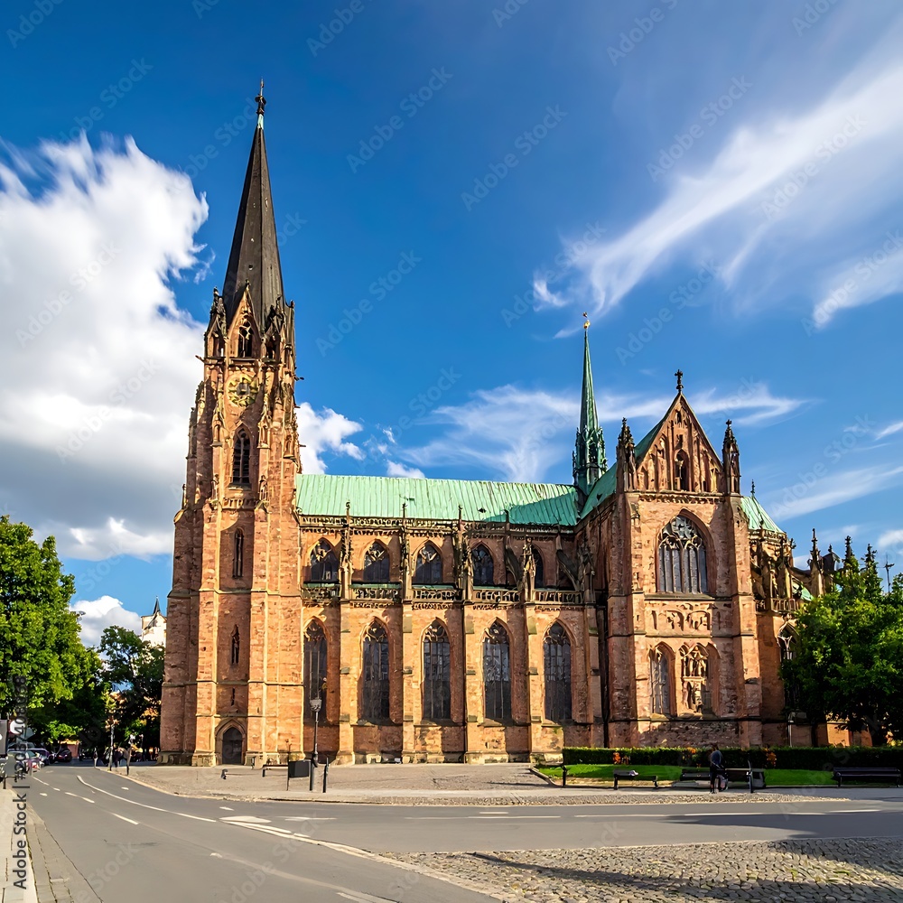 Obraz premium A large, historic brick church with green roof