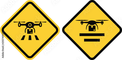 Drone delivery warning signs set package logistics and landing