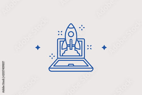 Laptop startup line icon for creative project launches. Dynamic vector illustration for corporate innovation seminars.