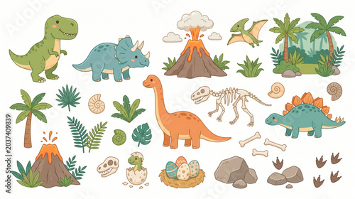 Cute Dinosaur Adventure Vector Set with Volcanoes Fossils Jungle Plants and Prehistoric Clipart