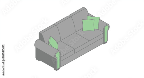 Bild auf Leinwand Gray Sofa With Green Pillows Flat Vector Illustration On White Background