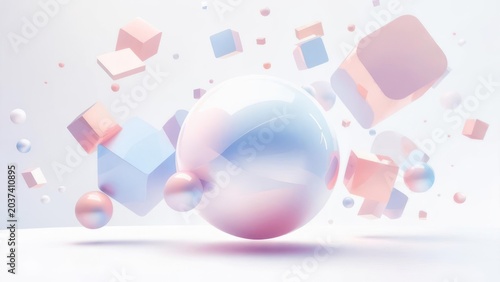 Pastel abstract composition of geometric shapes floating in a clean, bright, and airy design