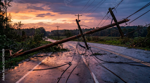 Broken wooden power pole fallen near the road blocking an asphalt highway at sunset, symbolizing an infrastructure breakdown, utility crisis, and power outage after a heavy storm