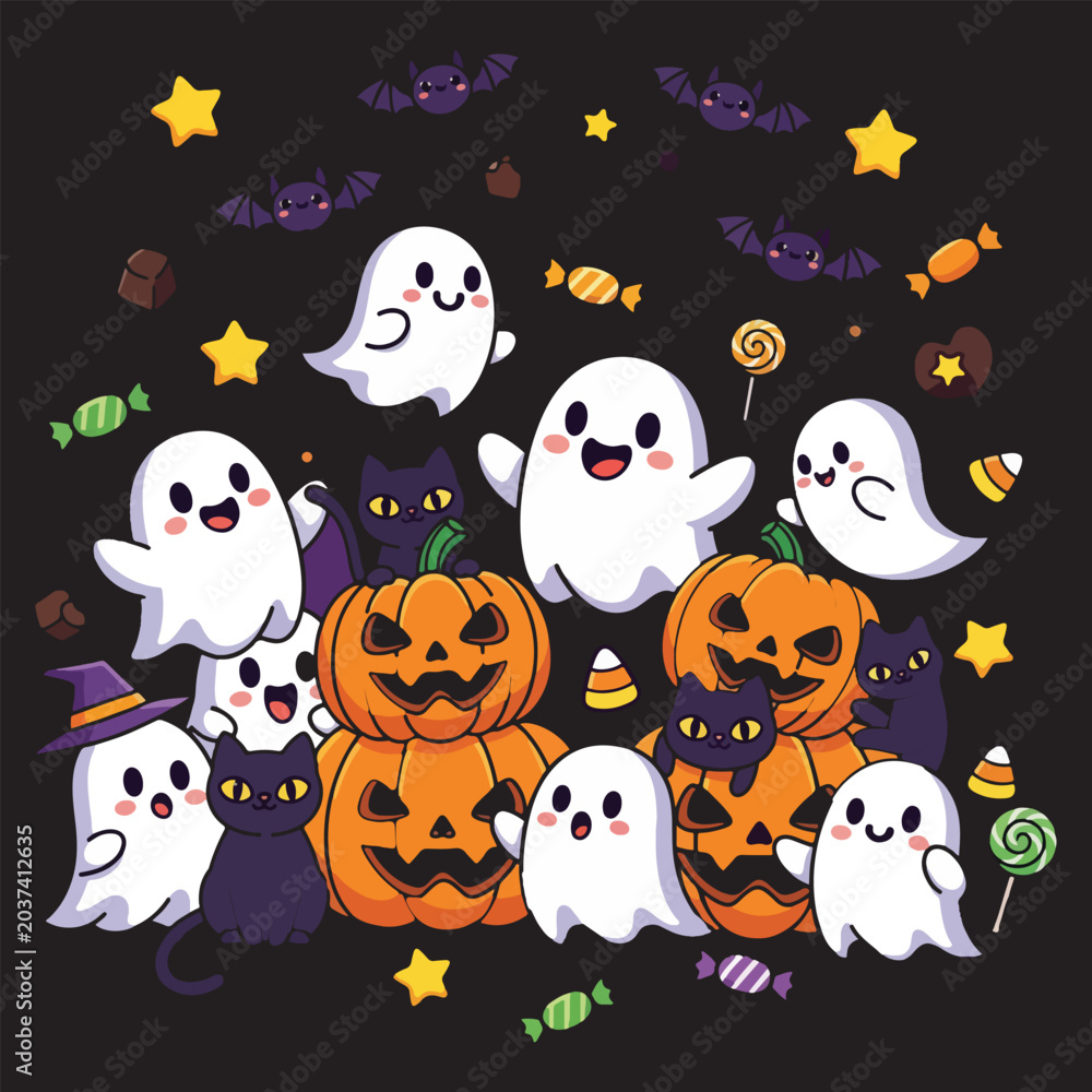Obraz premium Cute Halloween vector illustration featuring friendly ghosts, carved pumpkins, black cats, bats, and sweet candies.