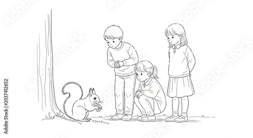 Children curiously observing a squirrel up close outdoors.