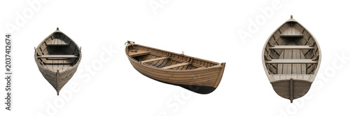 Slika na platnu Classic Wooden Rowboat Set Isolated on White Background, Realistic Vintage Fishi