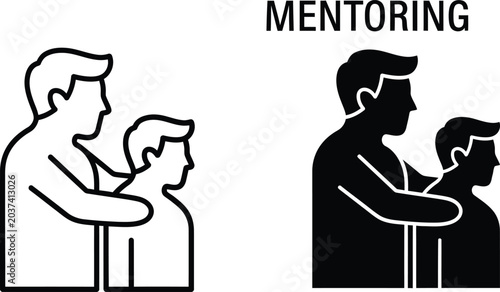 Foto Mentoring concept two men in supportive embrace line art and solid versions