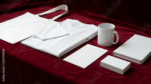Blank white merchandise mockup set including t-shirt tote bag mug notebook and business cards on deep red velvet fabric