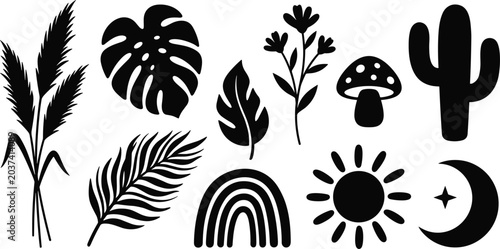 Fotografie Black silhouette collection of nature celestial bodies, and abstract shapes plan