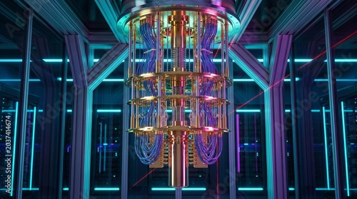 Quantum Computer Chandelier in High Tech Server Room Data Center