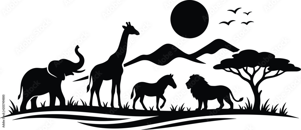 Obraz premium Black silhouette of african safari animals, acacia tree, and mountains under a sun and birds elephant