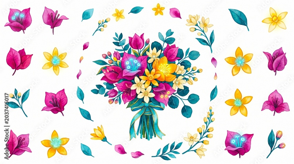 Fototapeta premium Vibrant floral bouquet illustration, a colorful spring flower arrangement, with individual pink, yellow, and blue blossoms, leaves, and decorative elements for wedding invitations or greeting