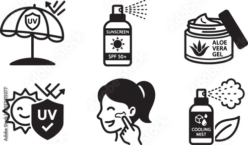 Tableau sur toile Sun protection and skincare routine icon set, UV defense and moisturizing symbols