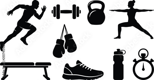 Konstfotografi Black silhouette of fitness and sports equipment and activities running