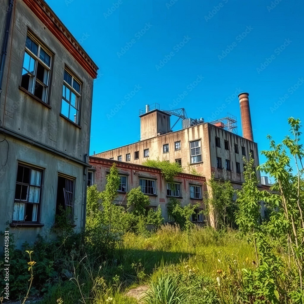 Fototapeta premium Abandoned factory building with broken windows and overgrown vegetation, economy, decline