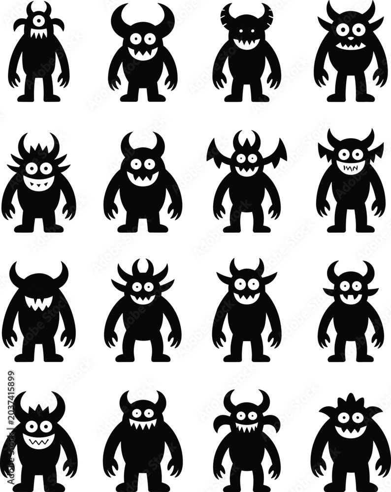 Obraz premium Cute Monster Silhouette Collection with Cartoon Halloween Creatures and Funny Fantasy Character Icon Set