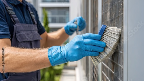 Person in blue gloves cleaning outdoor unit with a brush