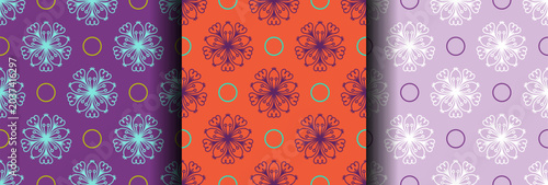 Vector collection of seamless patterns featuring ornamental circles, mandala, geometric motifs. Perfect for textiles, wallpaper, packaging, wrapping paper, fabric prints, and surface design projects