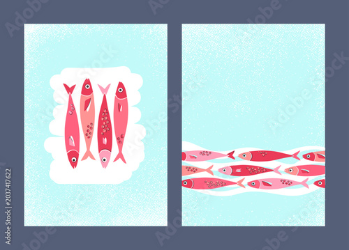 Sardines cartoon design templates. Red fish page layout vectors.