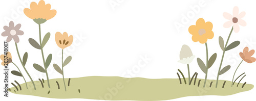 Cute pastel wildflower border on green grass lawn banner background.