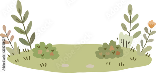 Cute minimalist garden border with green grass, small bushes, and botanical leaves.