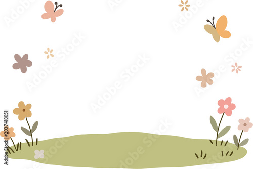 Cute hand drawn spring garden frame background with flowers and butterflies.
