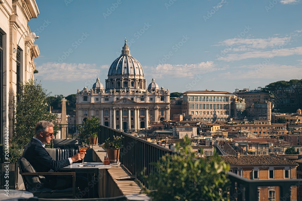 Fototapeta premium Man enjoys drink on balcony with iconic dome and city views