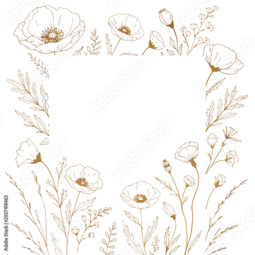 Delicate poppy floral border with botanical elements in a minimalist line drawing style Isolated on white background