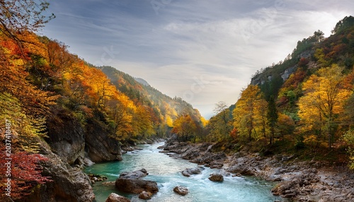 A River In A Beautiful Mountain Gorge Autumn In The Mountains