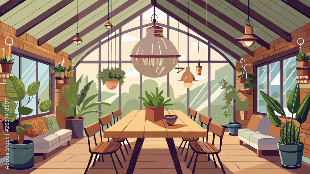 Fototapeta premium Rustic greenhouse dining room interior with hanging plants and wooden table plants indoors cozy home dining area wooden furniture plant filled urban jungle home decor design interior