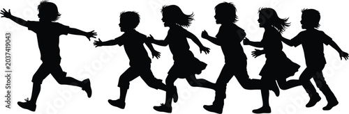 Silhouette of happy children group running together vector illustration