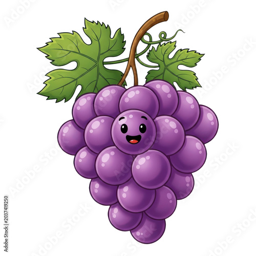 Smiling purple grapes cluster hanging on vine with leaf