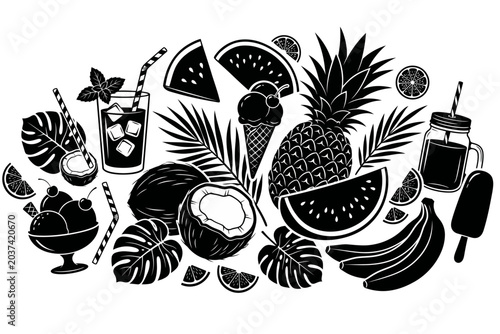 Tropical Summer Fruits and Refreshing Drinks Silhouette Icon Set