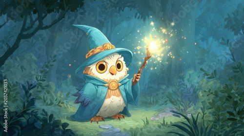 Cute owl wizard casting magic spell with glowing wand in enchanted forest fantasy illustration
