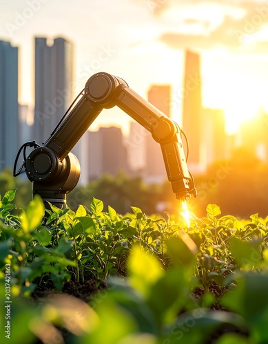 A robotic arm in a field with a cityscape background
