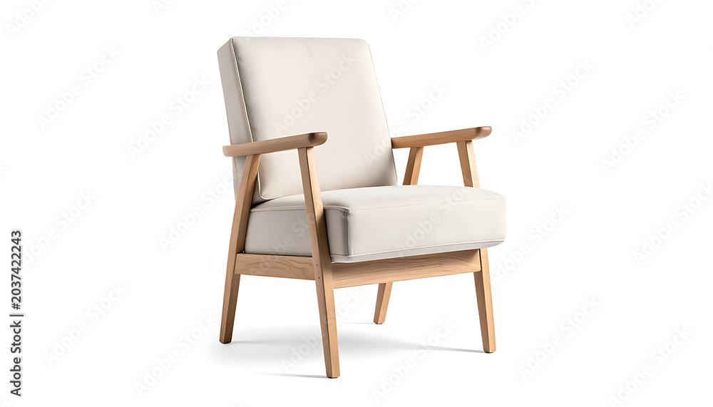 Fototapeta premium Isolated modern armchair with light wood frame and cream upholstery, clean Scandinavian design, versatile furniture piece