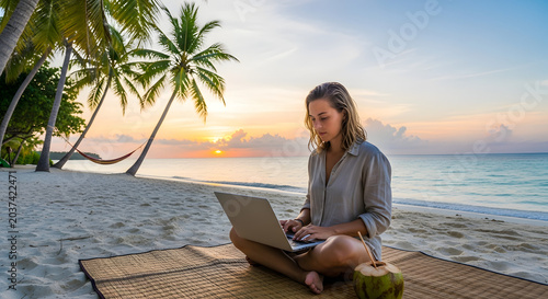 Remote worker using laptop sitting on beach mat during tropical sunset in paradise.