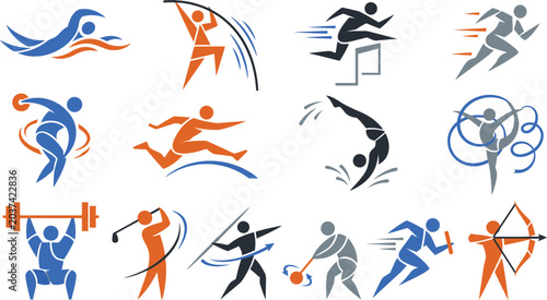 Athletic sports icons set, 13 summer competition vector pictograms, dynamic olympic athlete silhouettes for tournament branding and fitness apps