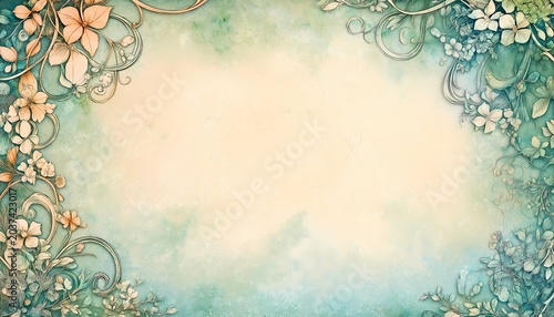 Whimsical floral vine frame with orange blossoms and green leaves curling around the edges of a teal watercolor textured background in landscape orientation.